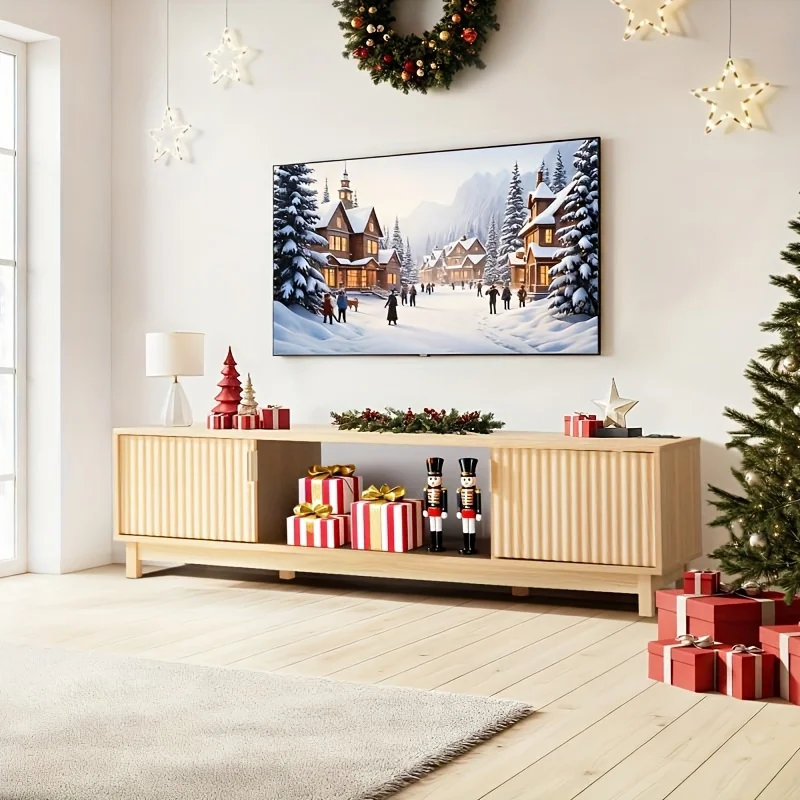 58/70 Inch Modern TV Stand for 65-75 Inch TVs - Natural Wood Grain Entertainment Center with Fluted Doors, 2 Cabinets & Open She