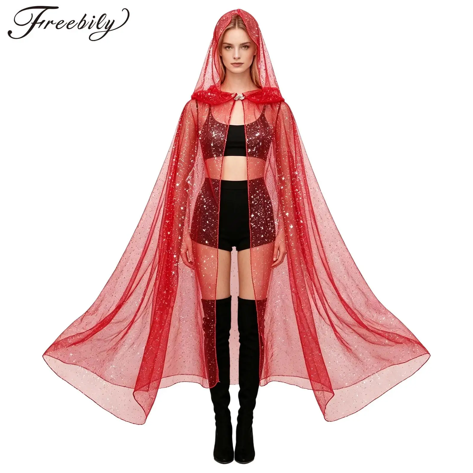 Women Gothic Shawls Long Sheer Hooded Capes Mesh Tulle Cape Cloak for Cosplay Stage Performance Halloween Party Witch Costume
