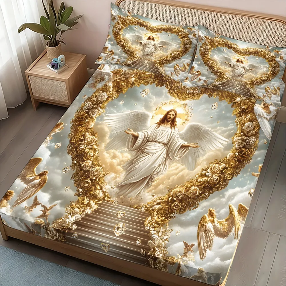 Golden Sacred Heart Patterned Three-Piece Fitted Sheet Set, Printed Fitted Sheet, Mattress Protector, Breathable Polyester Material (Includes 1 Fitted Sheet + 2 Pillowcases), Fitted Elastic Mattress Protector, Fitted Sheet Style, Protective Cover, Mattress Protector, Fitted Sheet Style Bedding, Christmas-Themed Bedding, Baby Bedding, Suitable for Nursery