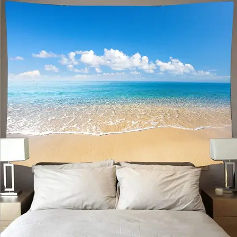 Serene Beach Landscape Wall Tapestry – Blue Sky, Ocean Waves & Coastal View, Soft Polyester Hanging Art for Home, Bedroom Decor