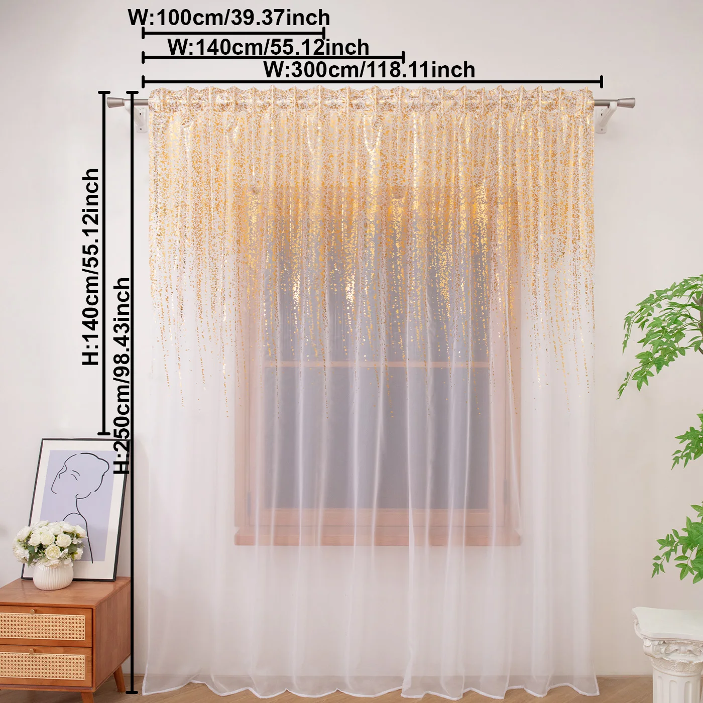 1PC Gold Rainfall Print Sheer Curtain, Semi Transparent Window Drape, For Living Room Bedroom, Lovely Housewarming Gift