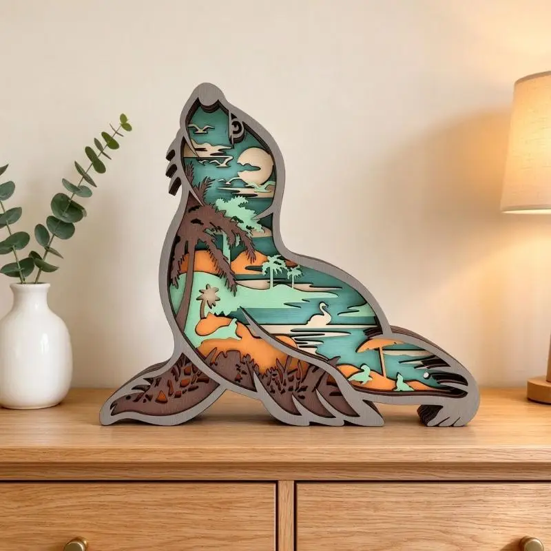 Illuminating Wooden Animal Tabletop Decoration with Layered Cutout Artwork for Living Room, Bedroom, or Office Display 87HA