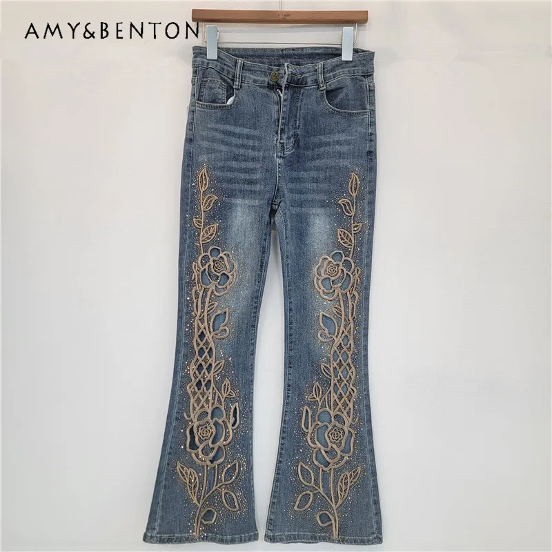 

Chic Fashion Heavy Embroidery Hollow Out Rhinestone Jeans For Women's Slim Fit Versatile Flared Denim Pants Long Zipper Trousers