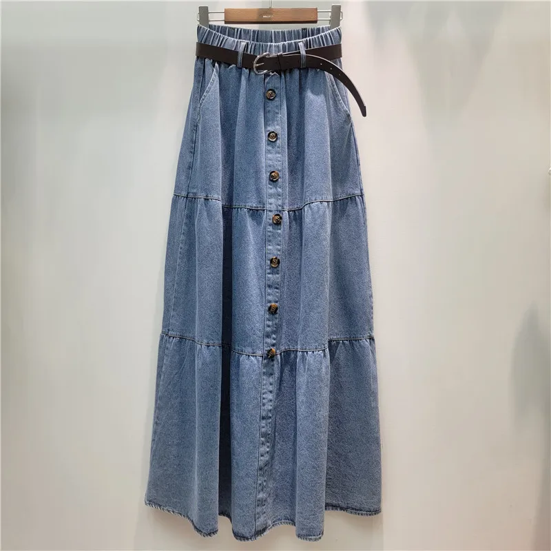 2026 New Spring Summer Elegant Denim Umbrella Skirt All-match Elastic Waist Single-breasted Mid-length Casual A-line Skirts