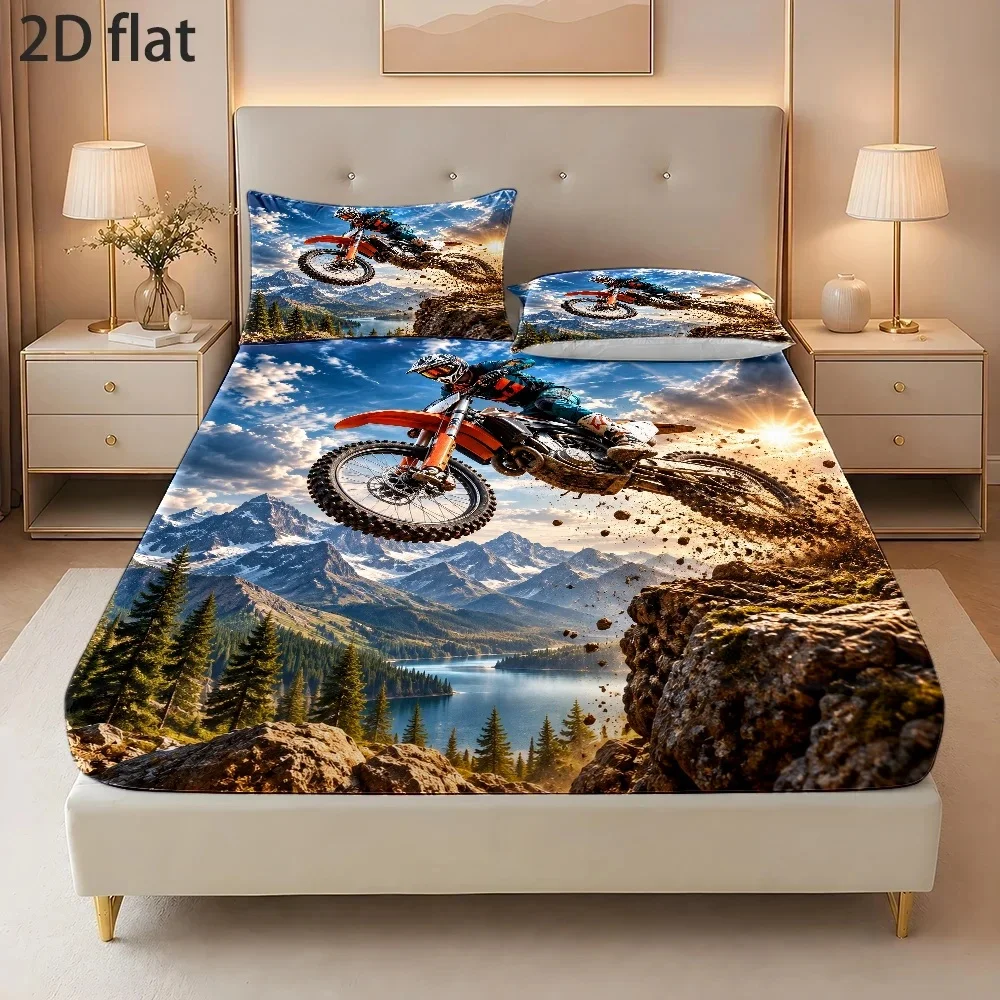 Dynamic Motorcycle Starry Sky and Galaxy Theme, Cyberpunk Style Bed Sheets Set Flower Printed Fitted Sheets with Pillowcase for Bed