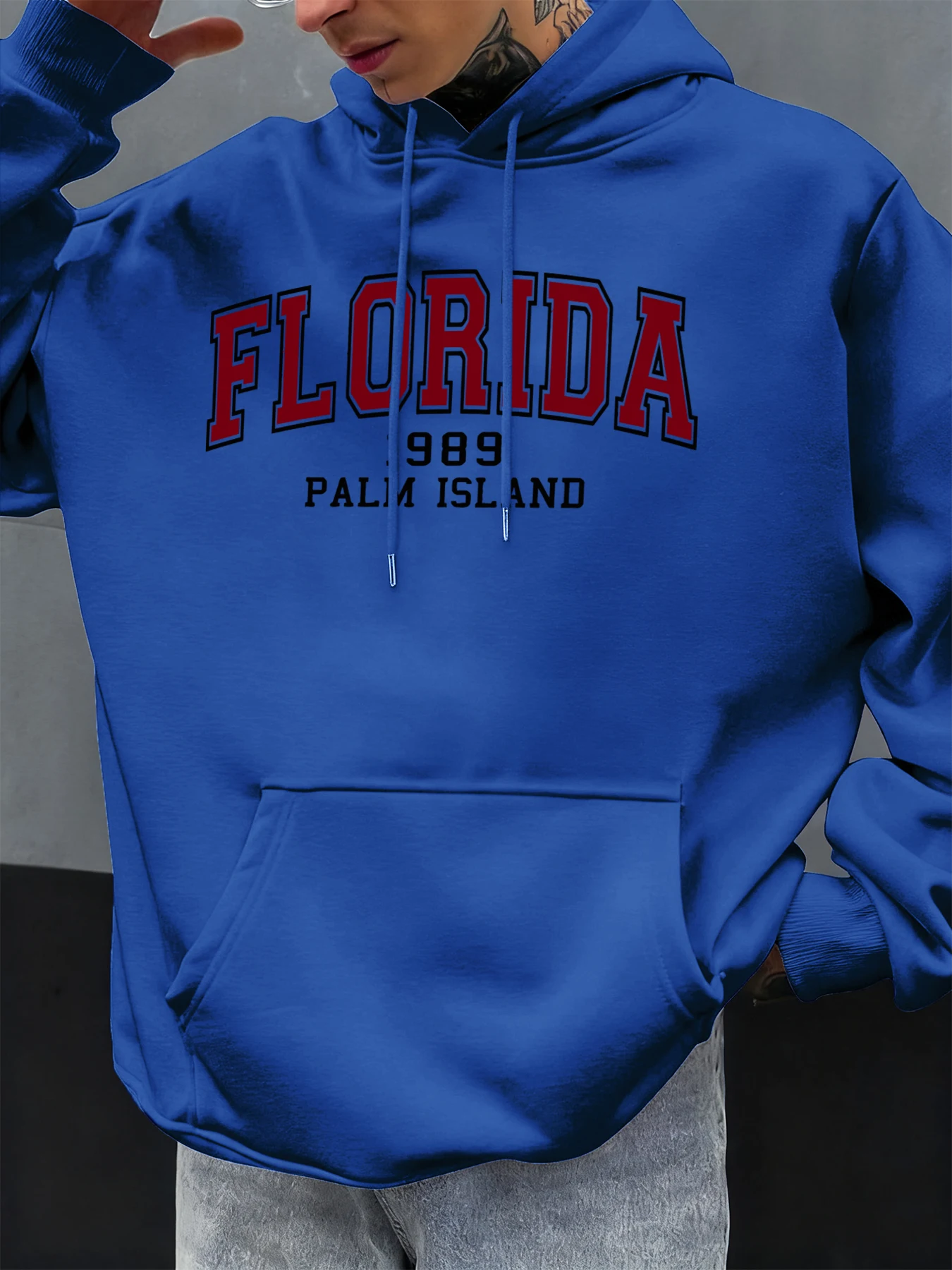 Florida 1989 Palm Island Bedruckter Herren-Kapuzenpullover, bequem, übergroßer Pullover, Herbst-Fleece-Kapuzenpullover, Tasche, Unisex, Streetwear