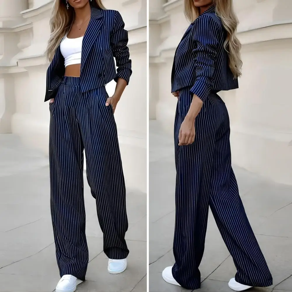 

Two Piece Sets Women Striped Print Turn Down Collar Slim Fit Casual Full Sleeve Short Coats Straight Long Pants Suits Splice