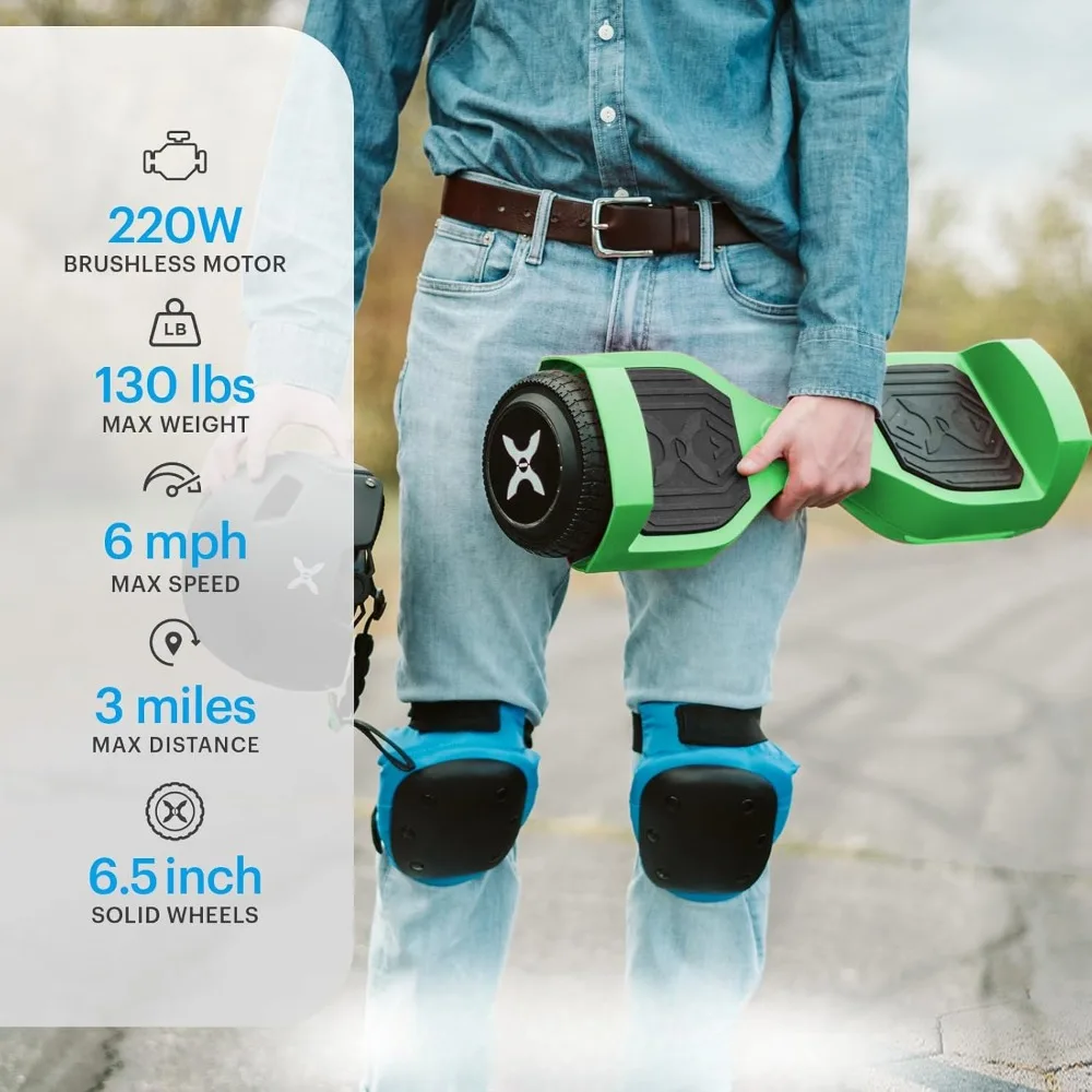 Electric self-balancing hoverboard with 6.5-inch tires, dual 110W motors, 6 mph maximum speed, and 3-mile maximum range