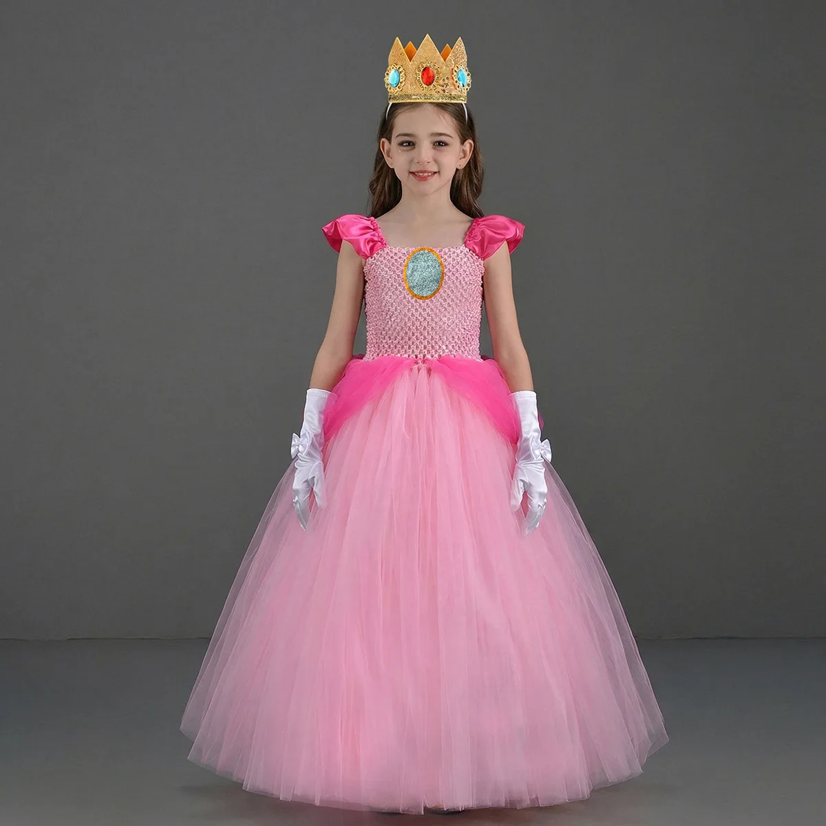 Princess Girls Peach Pink Long Dress Girls Mesh Tutu Dress Children Birthday Party Halloween Dress Kids Ball Gown Tulle Costumes