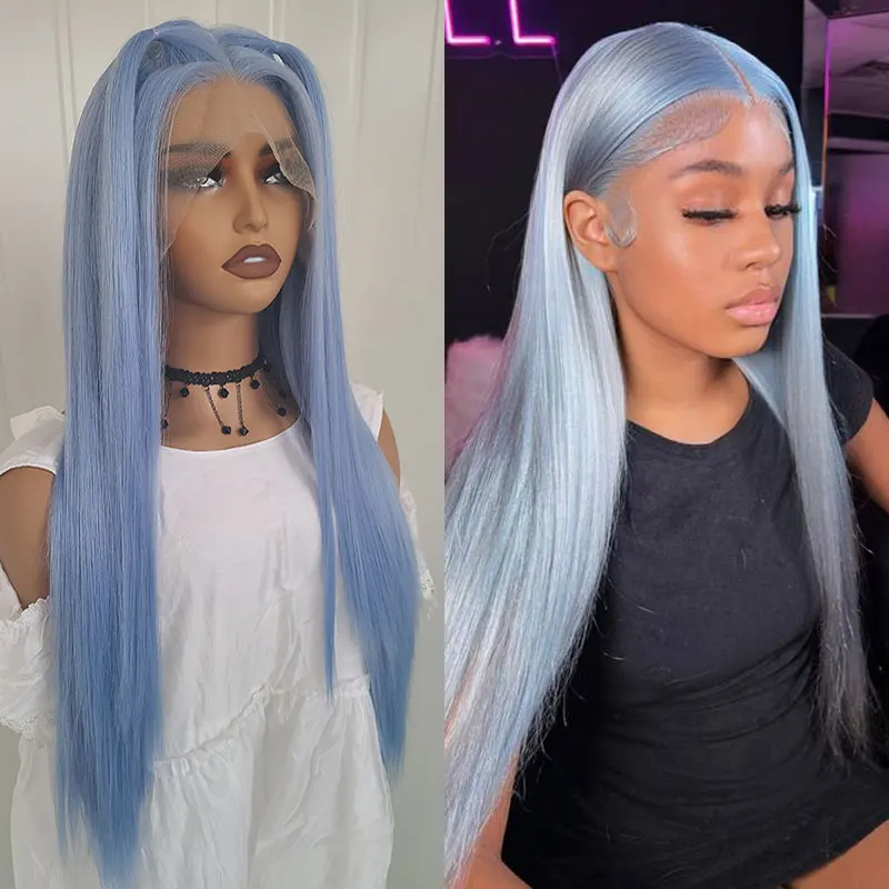 Wig rambut lurus biru muda sintetis 13x4 Wig renda depan kualitas tinggi serat tahan panas garis rambut alami untuk Cosplay wanita