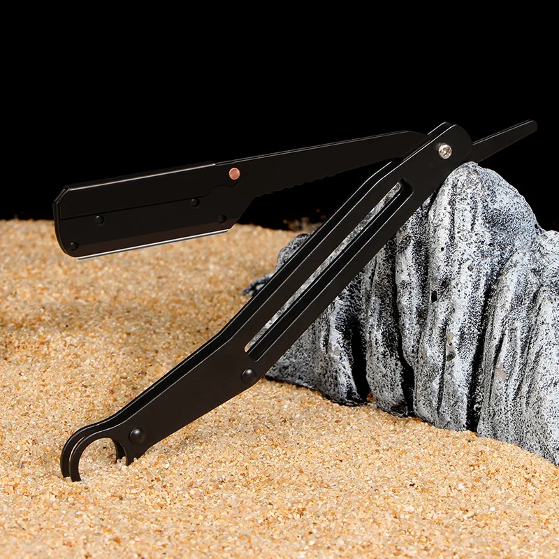 Pisau cukur tukang cukur lipat pria, pisau cukur baja aluminium penghilang rambut wajah penata rambut lurus keselamatan pemegang pisau cukur