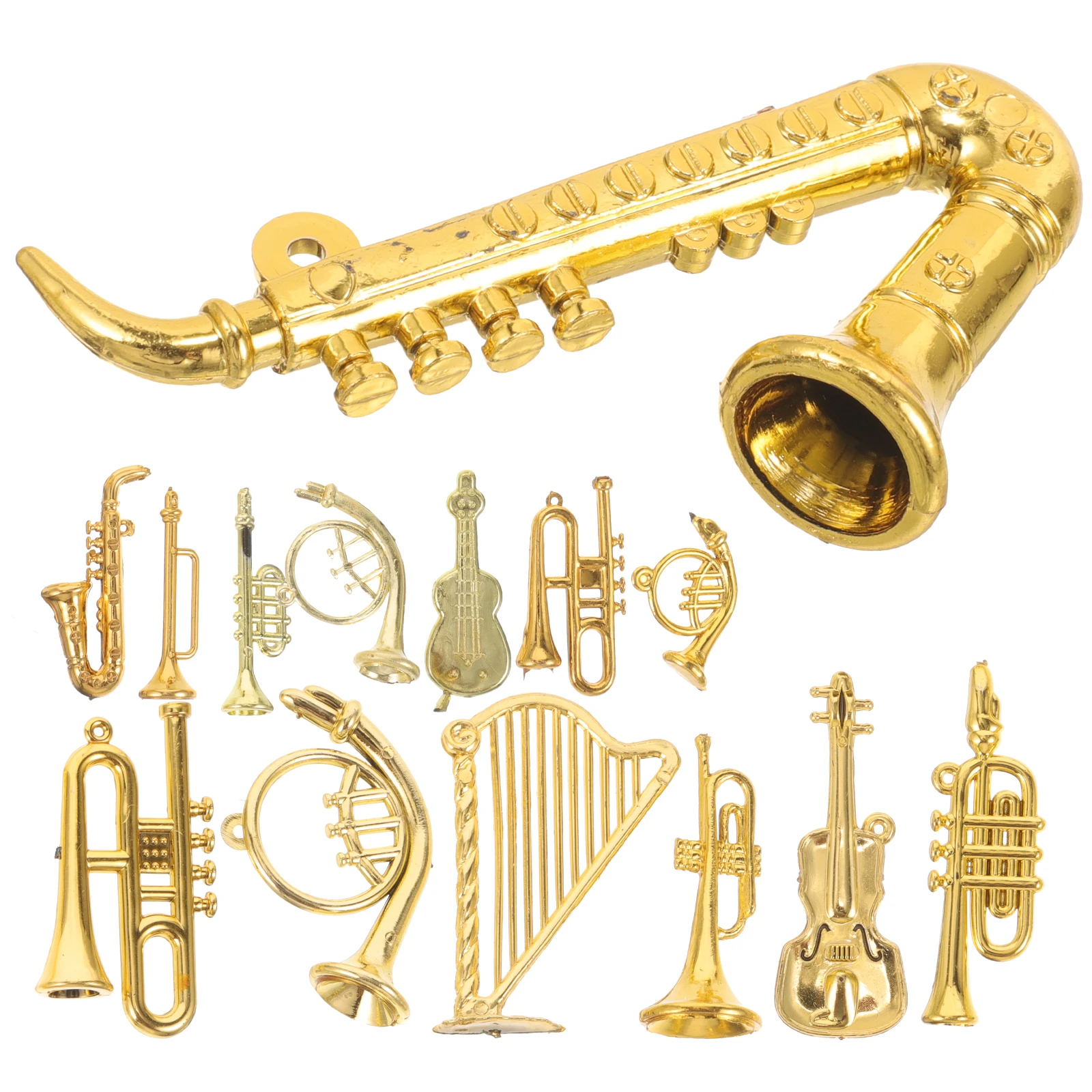 14 ชิ้นตกแต่งต้นคริสต์มาส Miniature เครื่องดนตรีขนาดเล็ก naments สีทอง Xmas อุปกรณ์เสริมหัตถกรรม