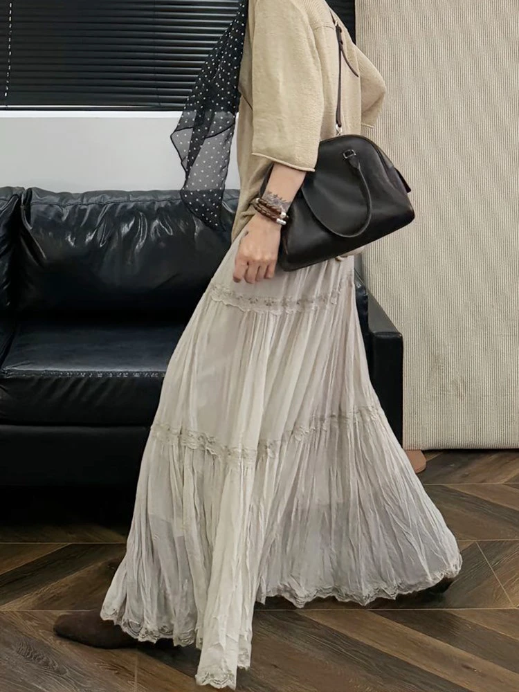 

Korean Textured Lace Splice f Skirt Large Size Women's Puffy Long Skirt Spring Season High Waist A-Line Dr