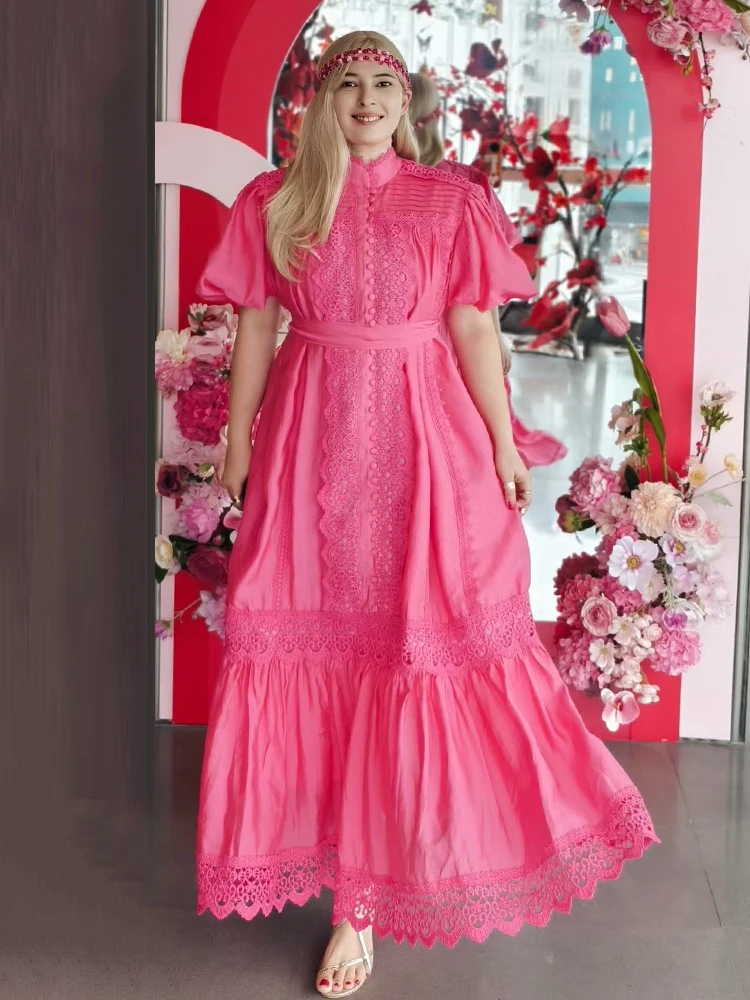

Retro applique pleated stand-up collar single-breasted lace-up cinched waist dress 2025 summer women's fashion loose puffy dress