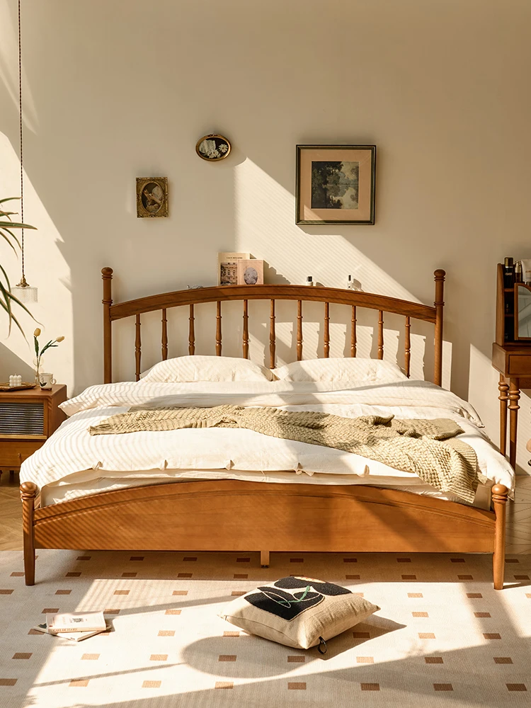 Retro solid wood furniture, small bedroom, master bedroom, double technical cloth upholstered bed