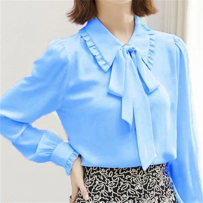 Woman Spring Autumn Style Blouses Shirts Lady Casual Long Sleeve Stand Collar Bow Tie Decor Blusas Top G2642