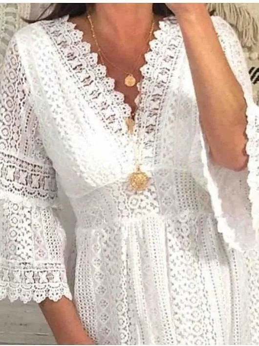 Pure kleur kant V-hals sexy uitsparing uitgeholde trimrok Dr Street Sle patchwork midi polyester zomer Bell Sve