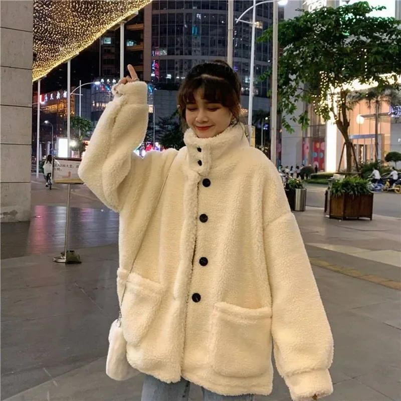 Sovob New Kawaii Turtleneck Single Breasted Jacket Women Loose Solid Color Parkas Ladies Korean Plush Thickened Warm Coats Woman