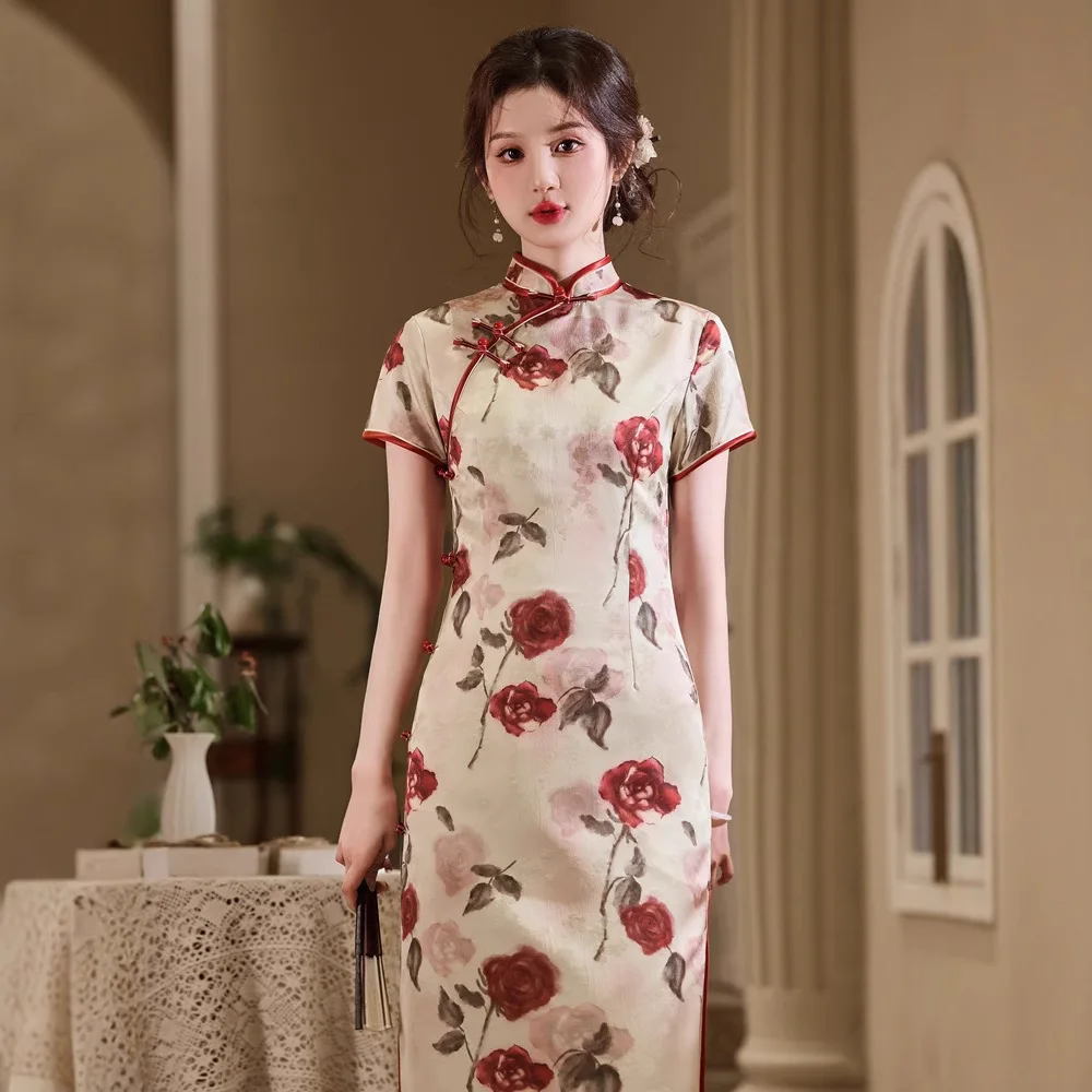 

Yourqipao Red Jacquard Satin Short-sleeved Cheongsam 2025 Spring New Style Improved New Qipao Evening Dress
