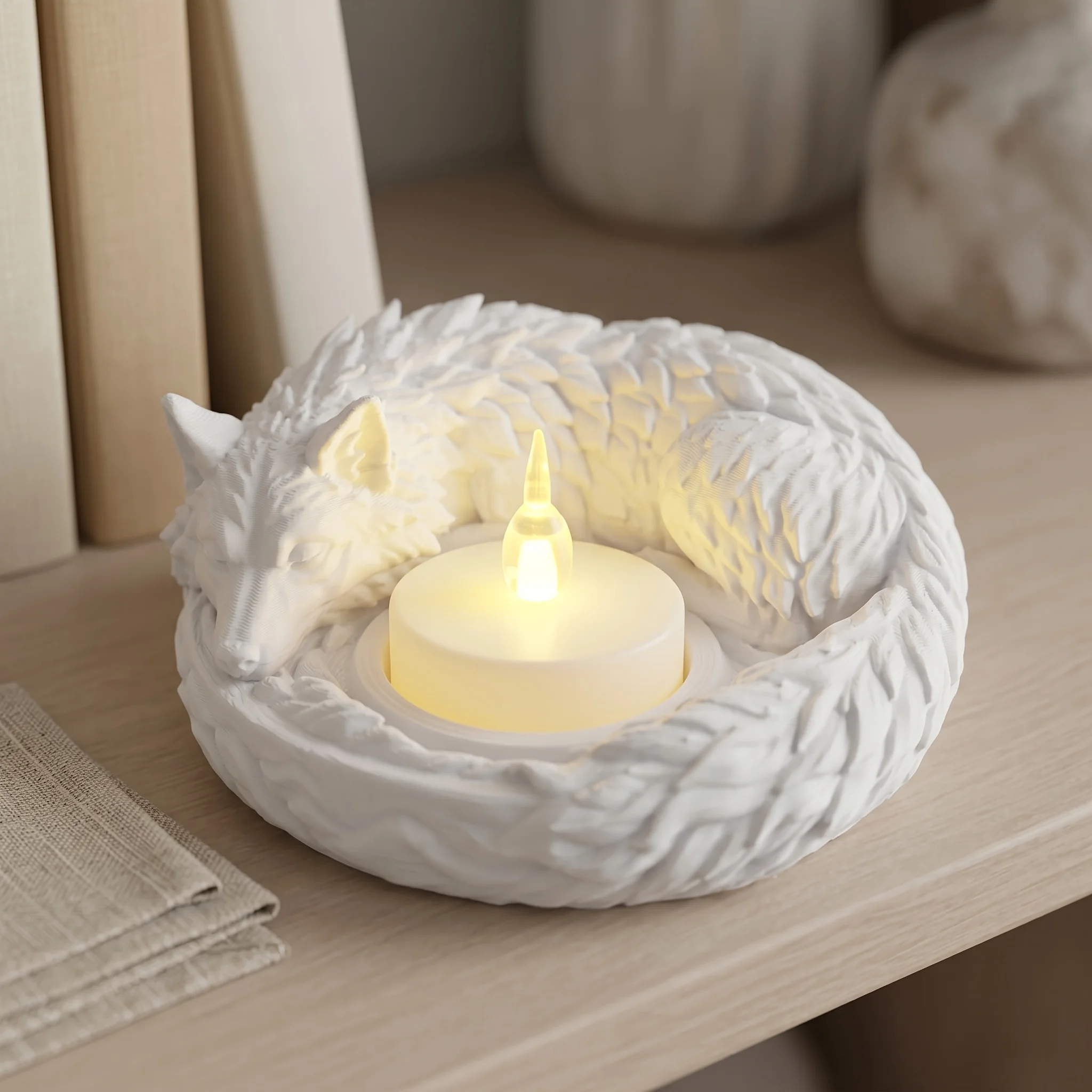 Closed-Eye Resting Lone Wolf-Style Candle Holder Ornament, 3D Furry Texture Animal Sculpture, Suitable for Home Decor Accent