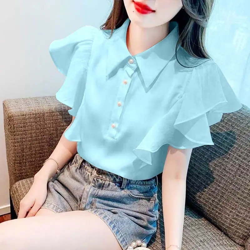 Minimalist Commuter 2024 Summer New Women\'s Polo-Neck Button Spliced Butterfly Sleeve Fashion Sweet Chic Basic Chiffon Blouse