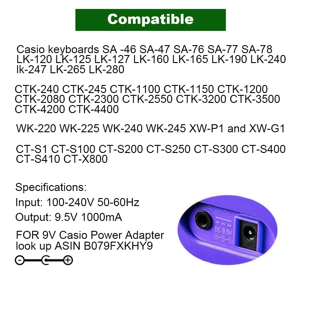 9.5 فولت 1A امدادات الطاقة محول ل كاسيو البيانو لوحة المفاتيح ل ADE95100LU/B SA-46 SA76 SA-47 SA-77 SA-78 CTK-2080