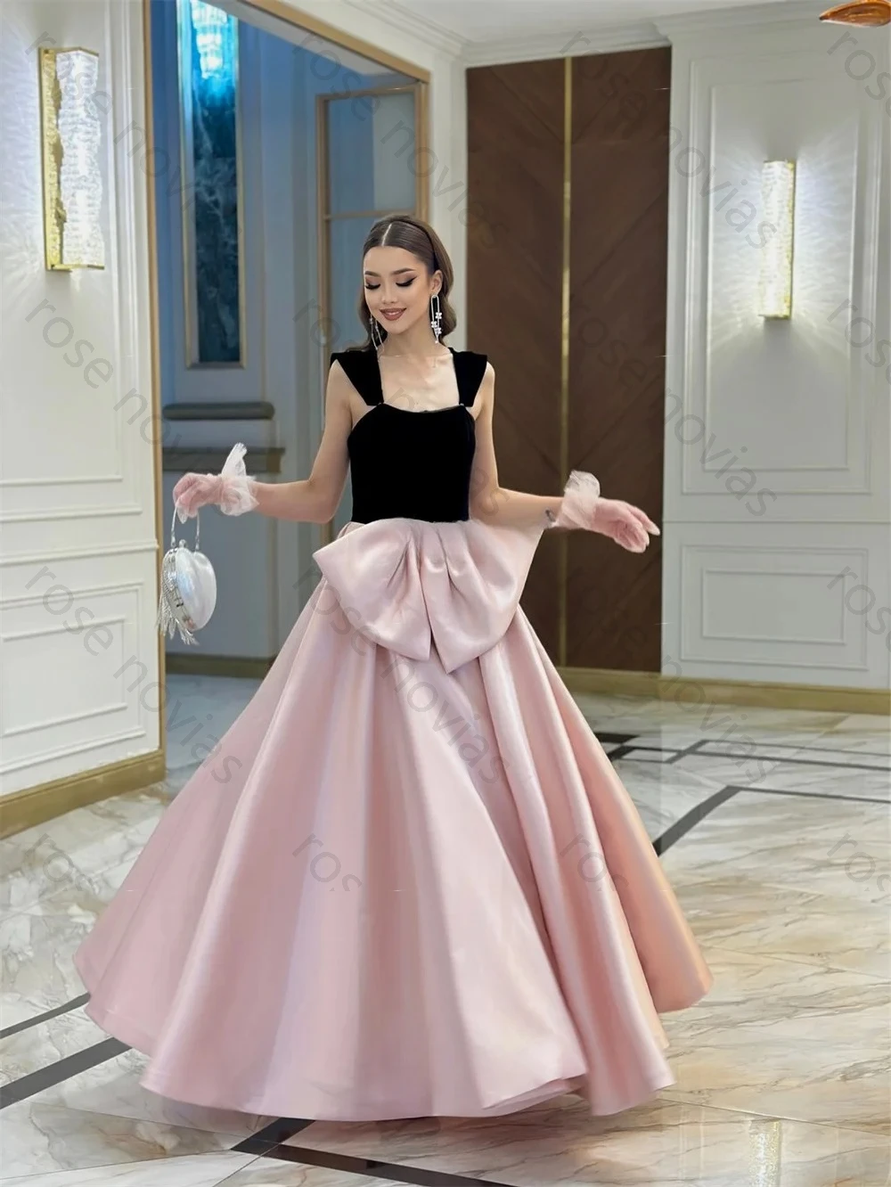 Haute qualité tailles personnalisées disponibles nœud plissé a-ligne col carré robes longues robes d'occasion sur mesure formelle classique rétro