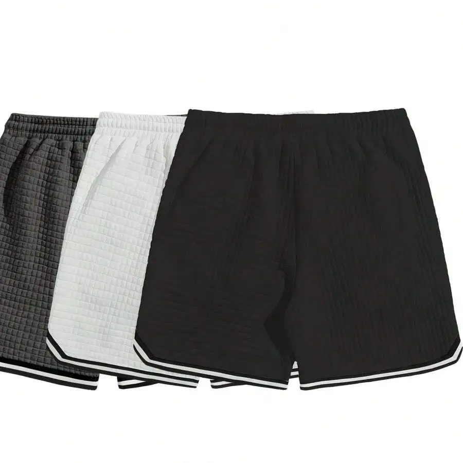 

3pcs Mens Summer Casual Sports Shorts With Quilted Texture And Striped Hem