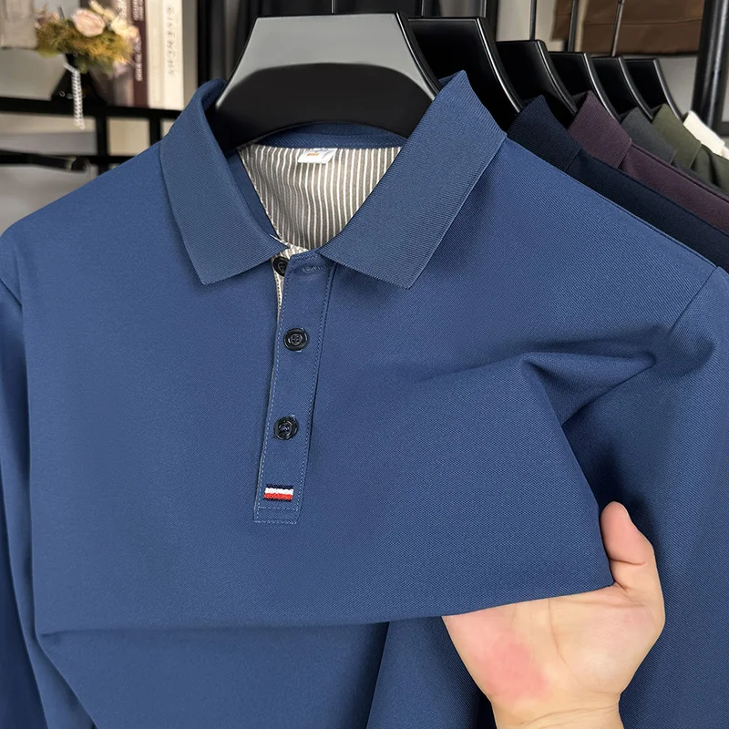 الرجال الخريف القطن الخالص طويلة الأكمام تي شيرت الأعمال عادية انتشار طوق قميص بولو أبي نمط فضفاض