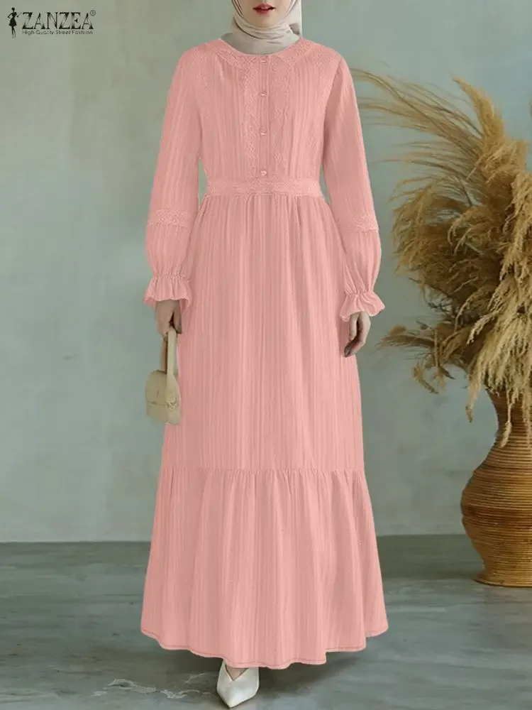 2026 ZANZEA Spring Lace Patchwork Dresses Autumn Muslim Abaya Dress Women O Neck Long Sleeve Pleated Sundress Ramadan Hijab Robe