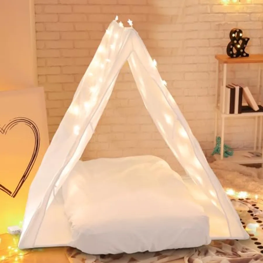

Sleepover tent set for indoor/outdoor use: cotton teepee tent inflatable airbed with pump 2 fitted sheets star lights beige and