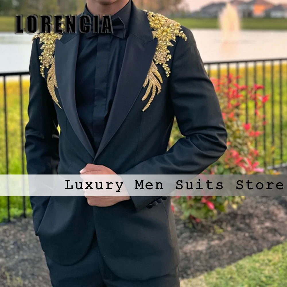 Luxury Sparkly Applique Suits for Men 2 Pieces Single Breasted Formal Prom Outfits Customized Blazer Pants trajes para hombre