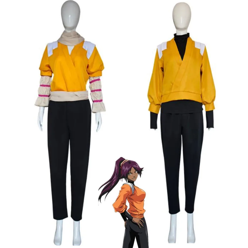 

Bleach Shihouin Yoruichi Anime Cosplay Costume Gotei 13 Captain Combat Yellow Long Sleeves Uniform Woman Man Carnival Party Suit