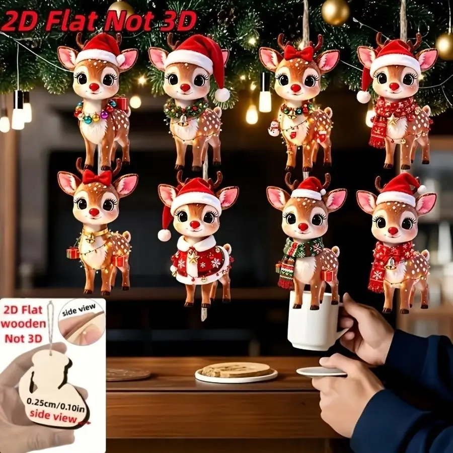 1/5/10/20/50/100pcs 2D Template, 8-Piece Set of Wooden Reindeer Ornaments with Santa Hats - Retro Christmas Decor for Hanging, P