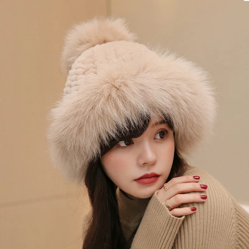 New Women's Fashion Casual Hat Real Fox Hair Thick Warm Hat Fluffy Rabbit Hair Winter Outdoor Plush Elastic Hat 2023