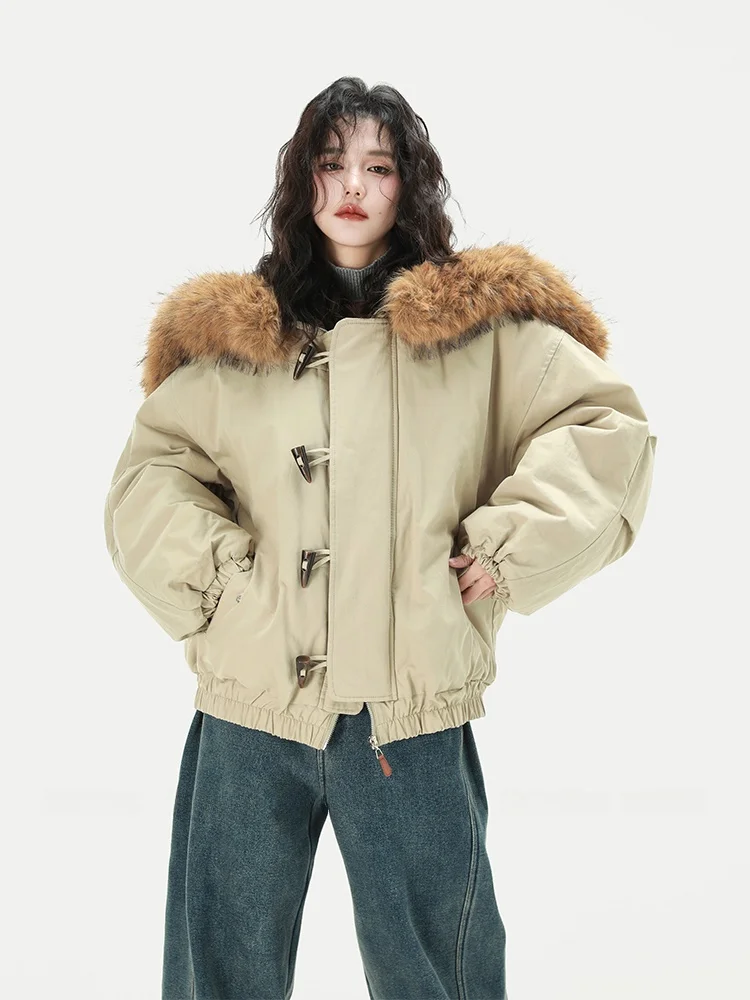 

Зимнее утепленное пальто Forlions Iceland: женская парка с капюшоном, меховым воротником и пуговицами из рога, утепленная хлопковая куртка