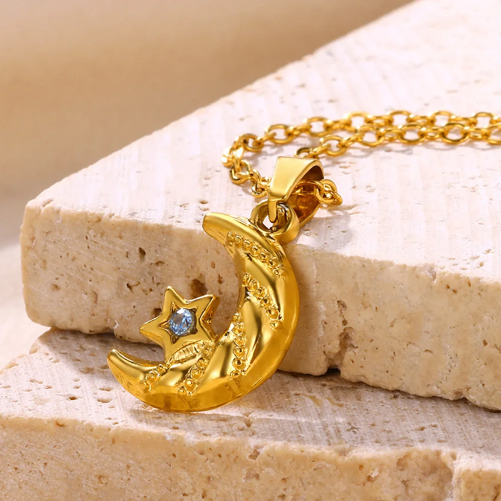 Stainless Steel Rocky Crescent Moon Pendant With Blue Zircon Crystal Necklace For Women No Rust Jewellery Bijoux Wholesale 2024