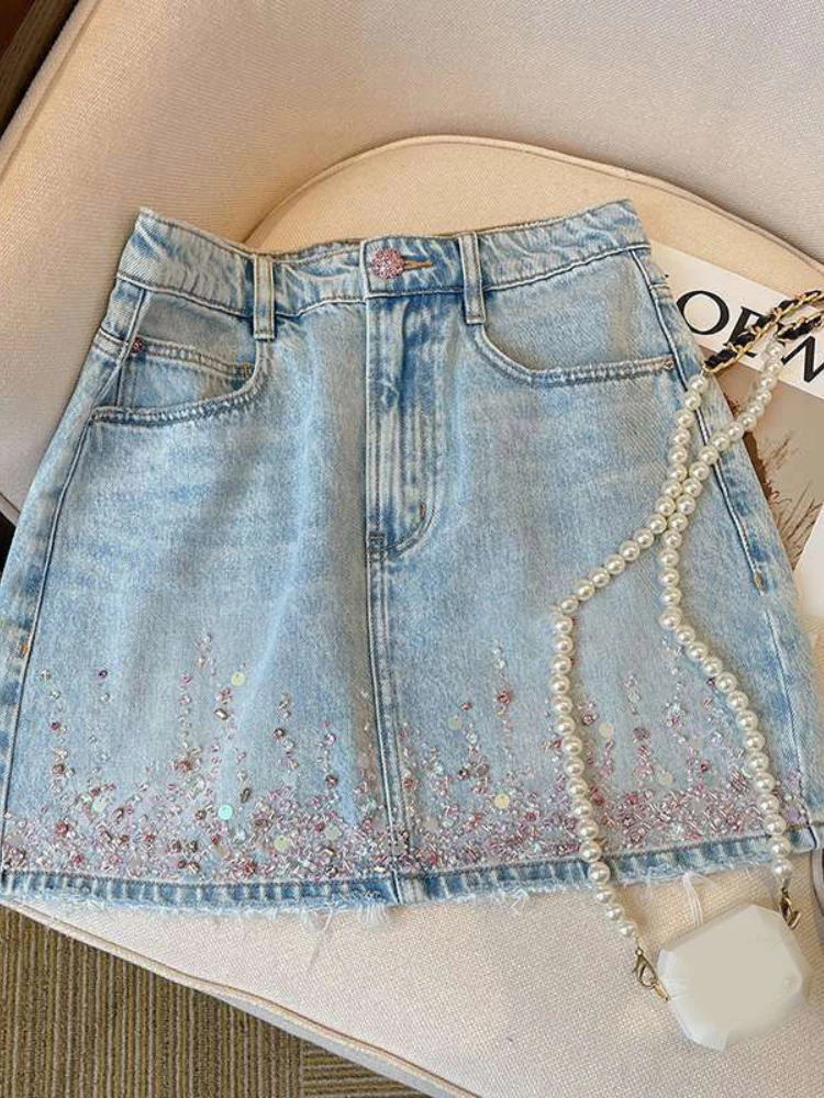 Fashion Elegant Skirts High Waist Beading Design Aesthetics Mini Denim Skirts Female Slim Summer All Match Women's Clothing 2024