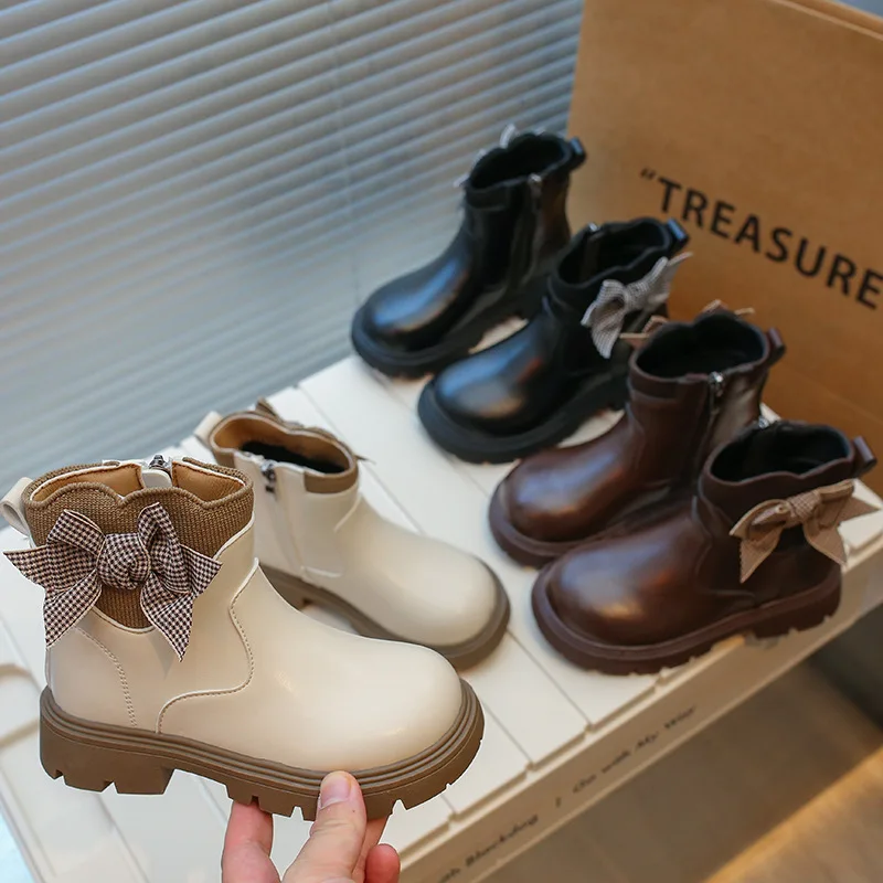

New Black Fashion Ankle Bow Girl Boots for Children's Snow Boots Leather Waterproof Shoes Big Kid Autumn Winter Boots Size 26-36
