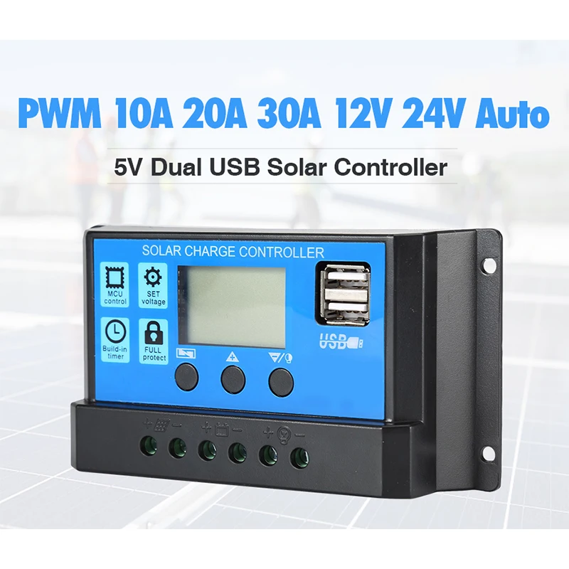 

30A/20A/10A 12V 24V Auto Solar Charger Controller PWM Controllers LCD Display 5V Dual USB Output Solar Regulator Controller