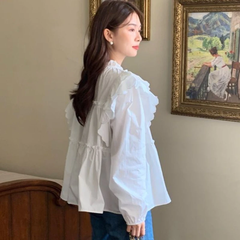 Baggy Blouses Women Ruffles Vintage Sweetheart Spring French Stylish Solid Designed All-match College Leisure Fashion Clothing