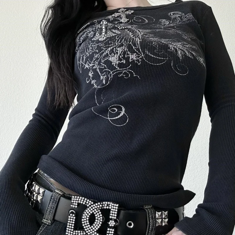 2026 Millennium Spicy Girl Printed Long Sleeve T-shirt Round Neck Elastic Short Style Slim Fit Versatile Show off Bottom Shirt
