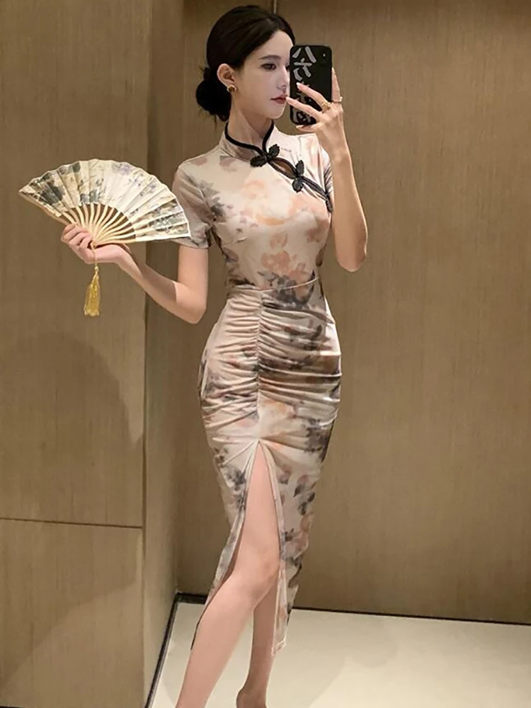 2026 Floral Mesh Short Sleeve Stand Collar Midi Dress Women Elegant Luxury Slit Dress Summer Korean Vintage Bodycon Party Dress