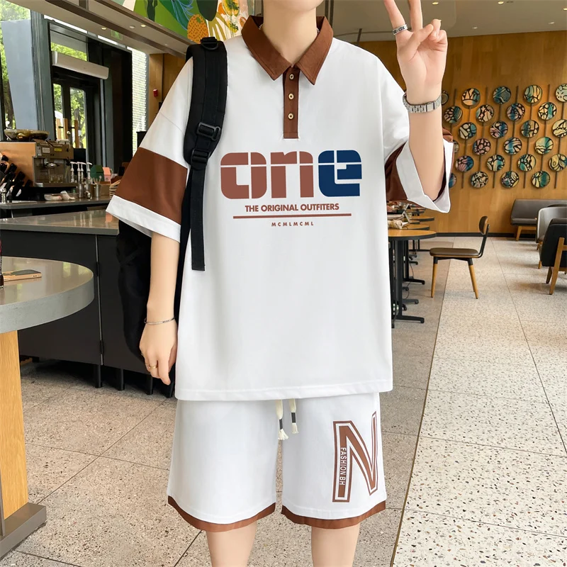 Men Teen Boys 2PCS Polo Shirt Set Summer Casual Cotton Loose Fit Short Sleeve Tops Shorts