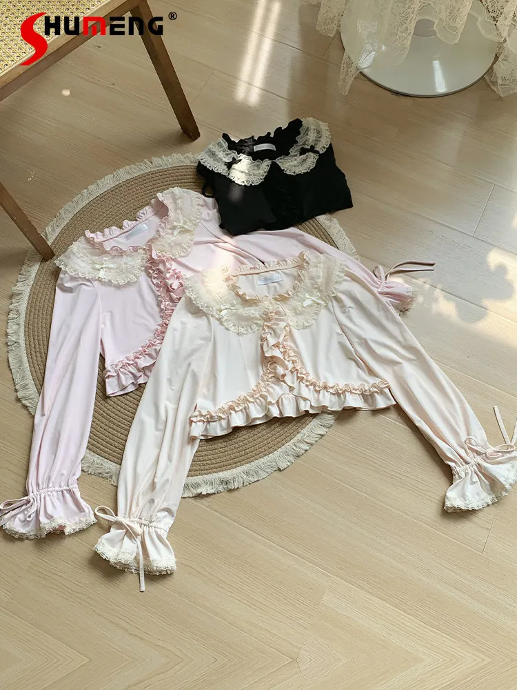 

Elegant Sweet Vintage Open Stitch Blouses Lace-up Flare Long Sleeve Versatile Lolita Short Shirts Tops For Women Spring 2026