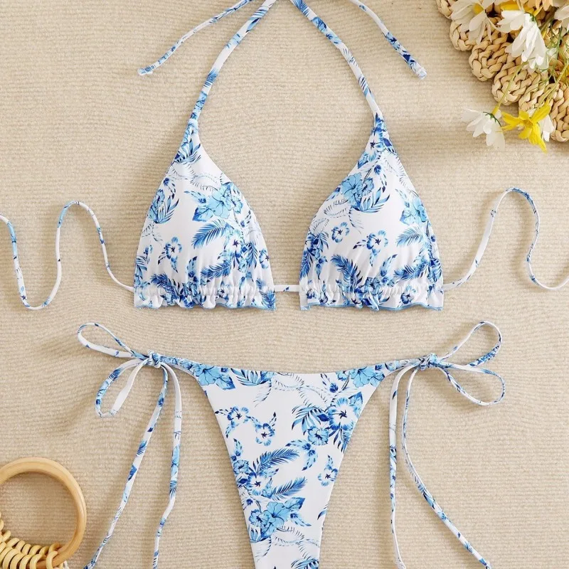 2026 Blue Floral Print Triangle Bikini Set Tie Side Soft Cup Two Piece Swimwear Women Summer Beach Bathing Suit