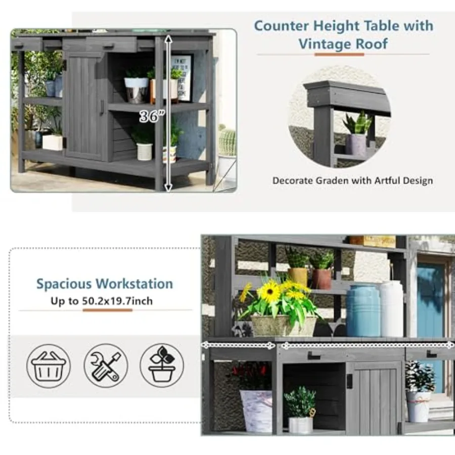 Outdoor Wooden Potting Bench Table Farmhouse Garden Workstation with Drawers, Cabinet and Storage Shelves, Large Fir Wood Work