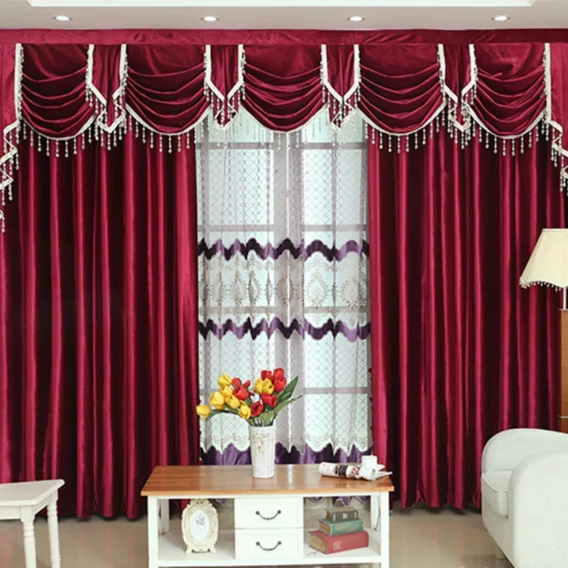 New American Style Burgundy Curtains for Living Dining Room Italian Velvet Curtain Hotel Bedroom Window Pelmet Flannel Drapes