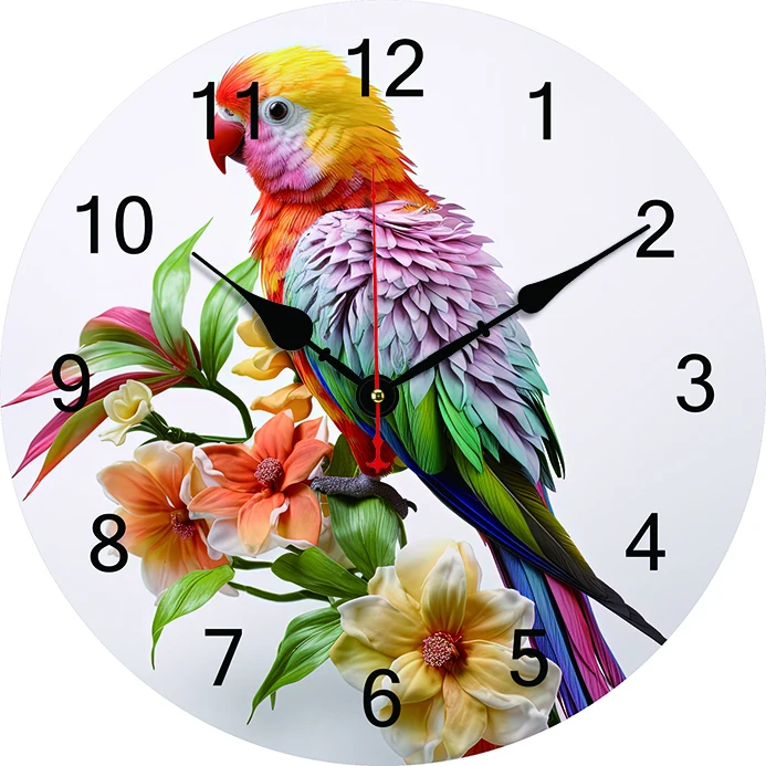 Parrot Flowers Wall Clock Kitchen Decor Wall Art Silent Non Ticking Large Round Wall Clocks For Living Room Bedroom Office