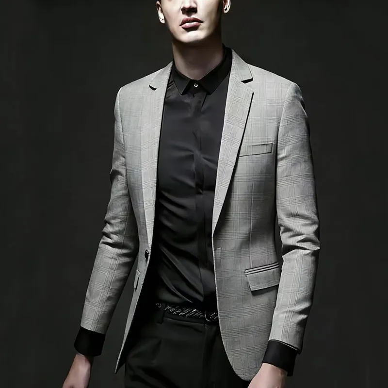 

Мужской повседневный твидовый жакет, новинка весенней коллекции, европейский размер, приталенный крой, теплый хлопковый материал, верхняя одежда в стиле костюма.